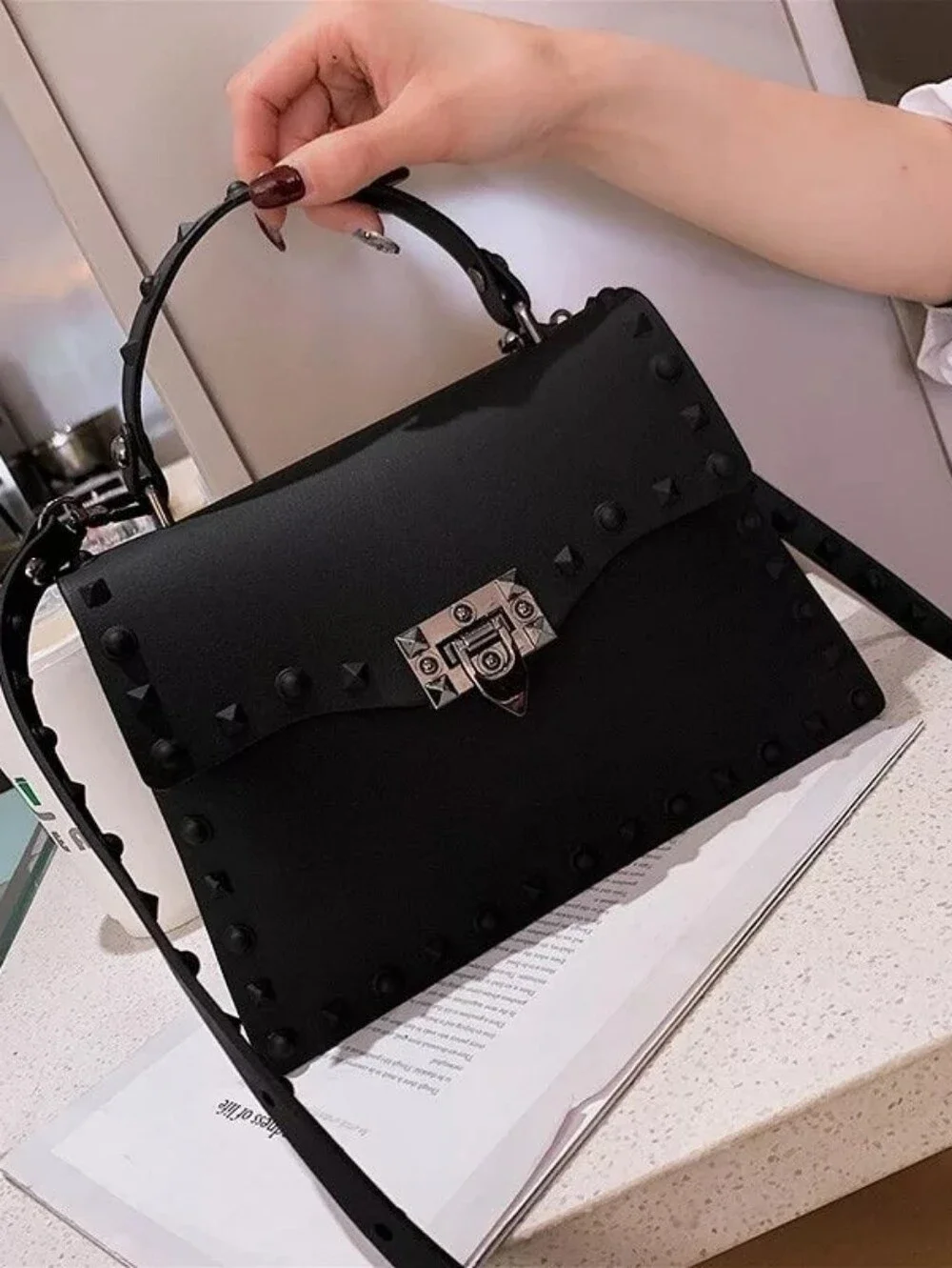Black Studded Top-Handle Women’s Bag